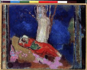 """Young Woman Lying Under A Tree"" (A Woman Lying Under The Tree) オディロン・ルドン (1840-1916) 1900-1901 ガッシュとテンペラの絵画。 ナビ。 エルミタージュ美術館、サンクトペテルブルク (Saint-Petersburg) 作： Odilon Redon