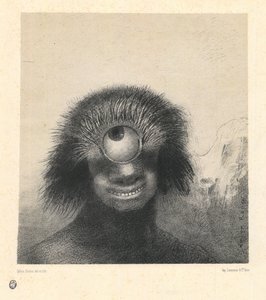 Le polype difforme flottait sur les rivages, sorte de cyclope souriant et hideux - 不格好なポリプは海岸に浮かび、微笑みと隠れたサイクロプスの一種である。シリーズ「起源」より、ルドン、オディロン（1840-1916）。リトグラフ、サイズ：21,4x19,9