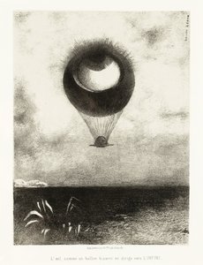 エドガー・ポーのためのイラストシリーズ：オディロン・ルドン（1840-1916）のリトグラフ「The Eye, Like a Strange Balloon, Mounts towards Infinity」。 作： Odilon Redon