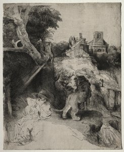 イタリアの風景の中で読書する聖ヒエロニムス 作： Odilon Redon