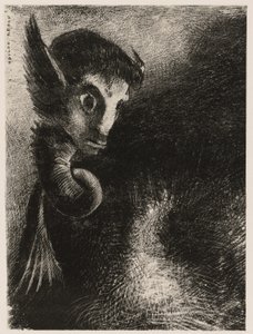 あらゆるものを恐怖で見つめるキマイラ 夜から 作： Odilon Redon