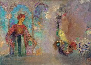 ゴシック調のアーケードにいる女性 - 花を持つ女性 - Peinture de Odilon Redon(1840-1916) 作： Odilon Redon