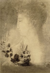 月桂樹の花輪を持つ横顔の女性。月桂樹のリースを持つ女性のプロフィール、 作： Odilon Redon