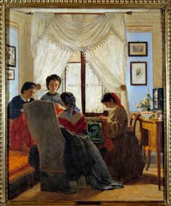 リソルジメント。"赤いシャツを縫う女性たち" オドアルド・ボラーニ（1834-1905）画 1863年 個人蔵 作： Odoardo Borrani