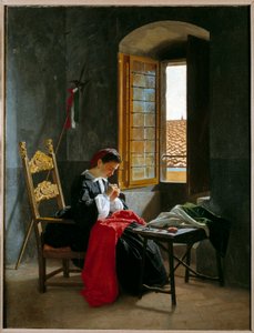 リソルジメント。「1859年4月26日にイタリア国旗を縫う女性」 Odoardo Borrani（1834-1905）の絵画 1859年 ミラノ個人蔵 作： Odoardo Borrani