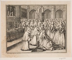 Hersleb 司教が Frederiksborg Palace Church で王妃ルイーズに油を注ぐ。 Frederik d. IV の油注ぎ行為の図