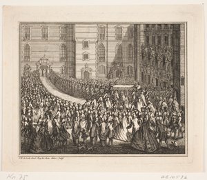 フレデリクスボー パレス教会での油注ぎ式の行進中のフレデリク 5 世国王。 Frederik d. IV の油注ぎ行為の図 作： Odvardt Helmoldt de Lode