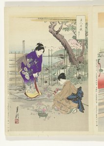 庭でフラワーアレンジメント 美人と花の対比（連載タイトル） 美人花くらべ 作： Ogata Gekko