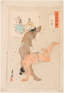 お相撲さんの戦い。緒方月光（1859-1920）の版画 作： Ogata Gekko
