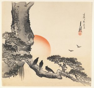 明治時代の木の幹のカラス、1890〜1910年頃（木版画）