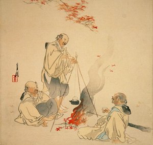 楓の木の下で酒を飲む」1890年代～1900年代（カラー木版画） 作： Ogata Gekko