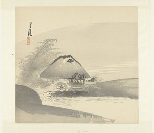 水車のある家のある川の風景 作： Ogata Gekko