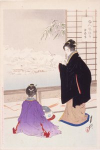 雪と静かな家 (かんかのゆき) (カラー木版画) 作： Ogata Gekko