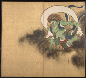 風神 2 パネル スクリーンの右部分 - 尾形光琳 (1658-1716) 作、紙に水彩、インク、18 世紀初頭、日本美術、東洋神話 - 東京国立博物館、日本 作： Ogata Korin