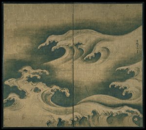 Rough Waves、2パネルのフォールディングスクリーン、c.1704-9（紙にインク、カラー、金箔）
