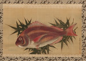 竹の葉のマダイ（タイ）、18世紀の巻物、18世紀（シルクの色） 作： Ogawa Ritsuo Ogawa Ritsuo