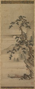 1392- 1573年、室町時代に船に乗った老人と松の木の月明かりに照らされた風景。 作： Oguri Sotan