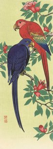 日本のアーティスト、小原古邨による赤と青のオウム