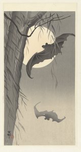 コウモリと満月 作： Ohara Koson