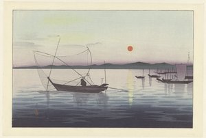 ボートと夕日。 作： Ohara Koson