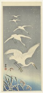 雪の中を降りる白鷺 作： Ohara Koson