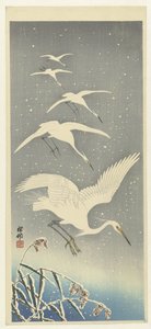 雪の中を下る白鷺 作： Ohara Koson