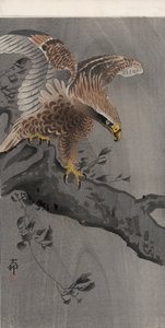 木の幹に翼を広げた鷲（カラー木版画 作： Ohara Koson