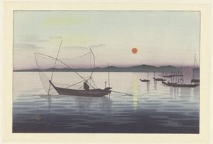 夕暮れの漁船 作： Ohara Koson