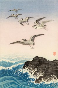 海の岩の上の5羽のカモメ、20世紀（日本の版画） 作： Ohara Koson