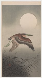 フライングヘロンと満月（カラー木版印刷） 作： Ohara Koson