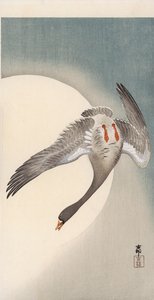 月の前で下から見たハクガン（カラー木版画 作： Ohara Koson