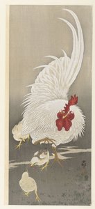 おんどりと 3 羽のひよこ 作： Ohara Koson