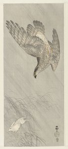 鷹狩りノウサギ 作： Ohara Koson