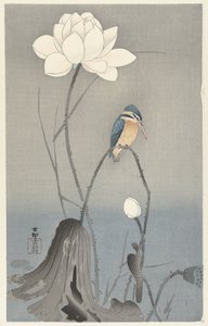 蓮の花を持つカワセミ 作： Ohara Koson