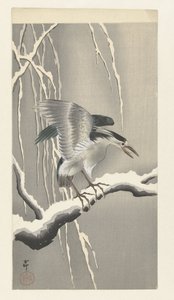 雪に覆われた枝に夜鷺 作： Ohara Koson