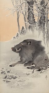 雪景色にたたずむイノシシ（カラー木版画