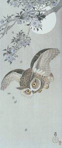 飛翔するフクロウと花と満月（カラー木版画 作： Ohara Koson