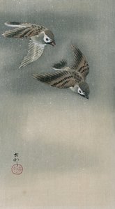 飛翔するスズメたち（カラー木版画