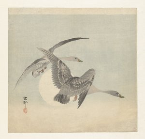 飛行中の 2 つのマガン 作： Ohara Koson