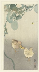 蝶をめぐって争う 2 羽のひよこ 作： Ohara Koson