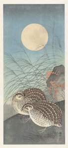 満月の 2 つのウズラ。 作： Ohara Koson