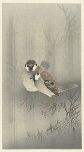 雨の中の 2 つのスズメ 作： Ohara Koson