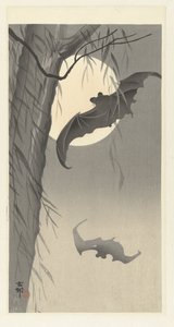 満月の 2 つのコウモリ 作： Ohara Koson