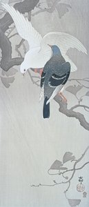 銀杏の枝で雨に打たれる2羽の鳩 作： Ohara Koson