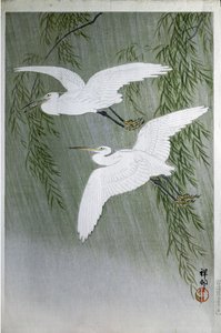 2羽のサギFlying Free、1907年（色の木版画） 作： Ohara Koson