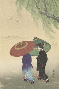 雨の中の2人の女性、1955-36年（色の木版画） 作： Ohara Koson