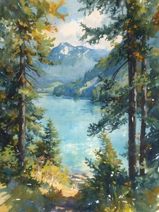 静かな山間の湖の眺め 作： 