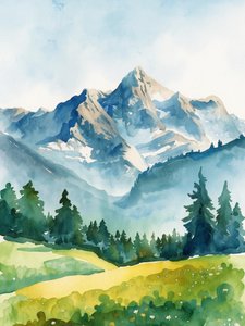 穏やかな水彩画の山々 作： 