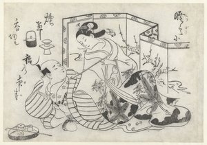 屏風前でタバコを吸う日本人男女 作： Okumura Masanobu (attributed to)