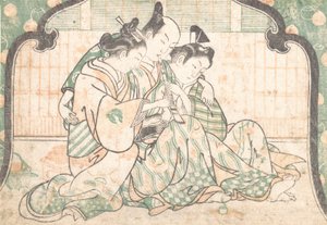 2 人の女性の間に座っている若い男性, ca. 1749年頃。 1749年。 作： Okumura Masanobu